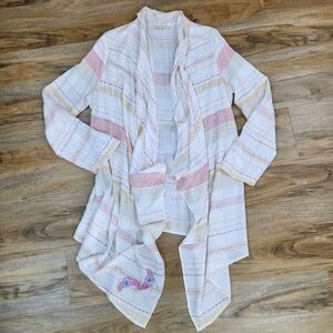 🍑Cato Ivory Striped Lightweight Adjustable Roll Tab Long Sleeve Duster Large